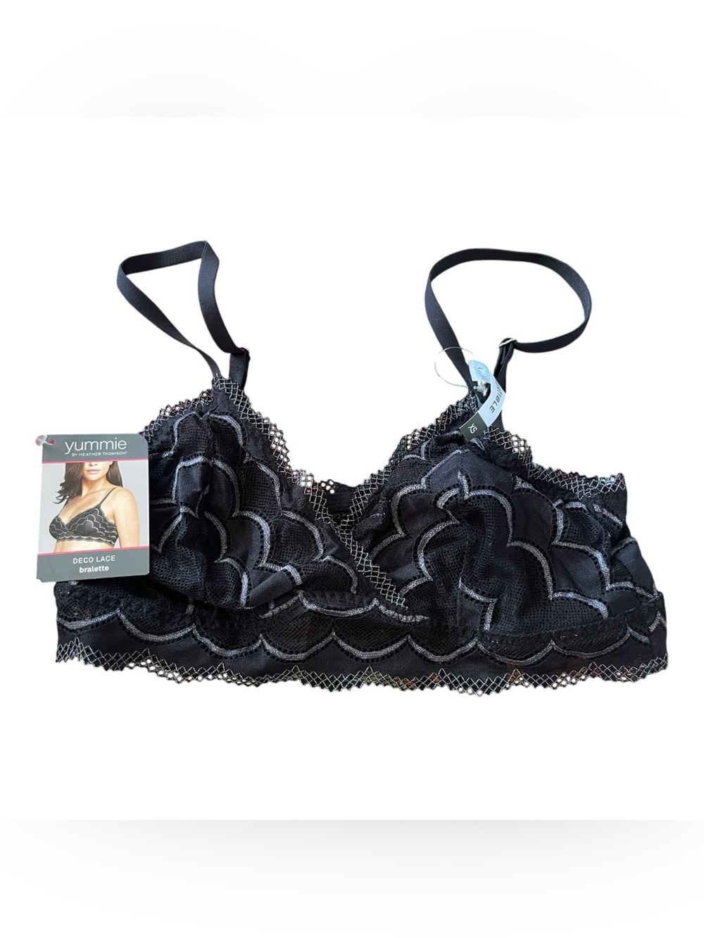 Yummie Heather Thomson Deco Lace Bralette Black XS Scallop Mesh NWT